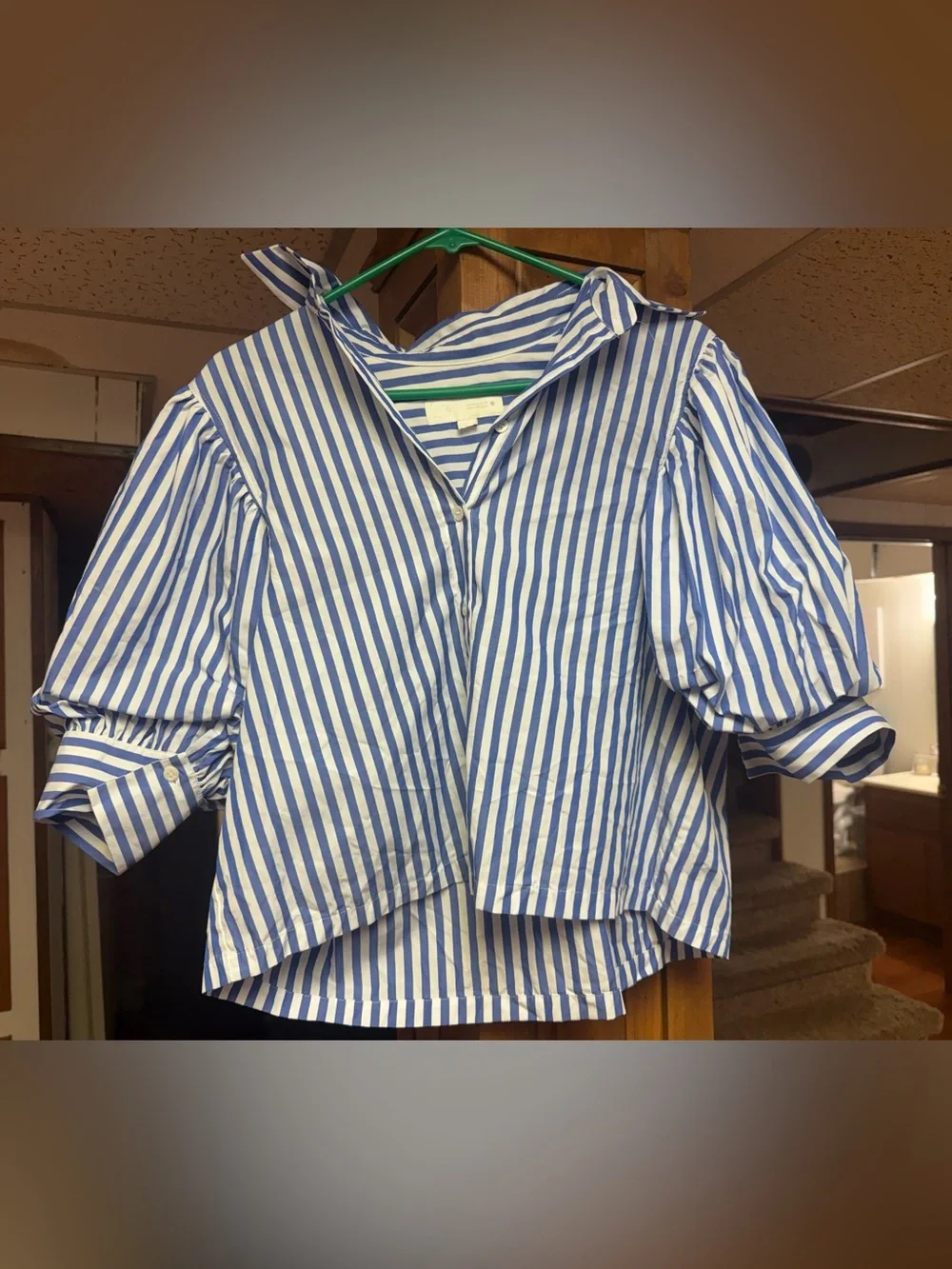 Zara Blue & White Striped Puff-Sleeve Button-Up Blouse